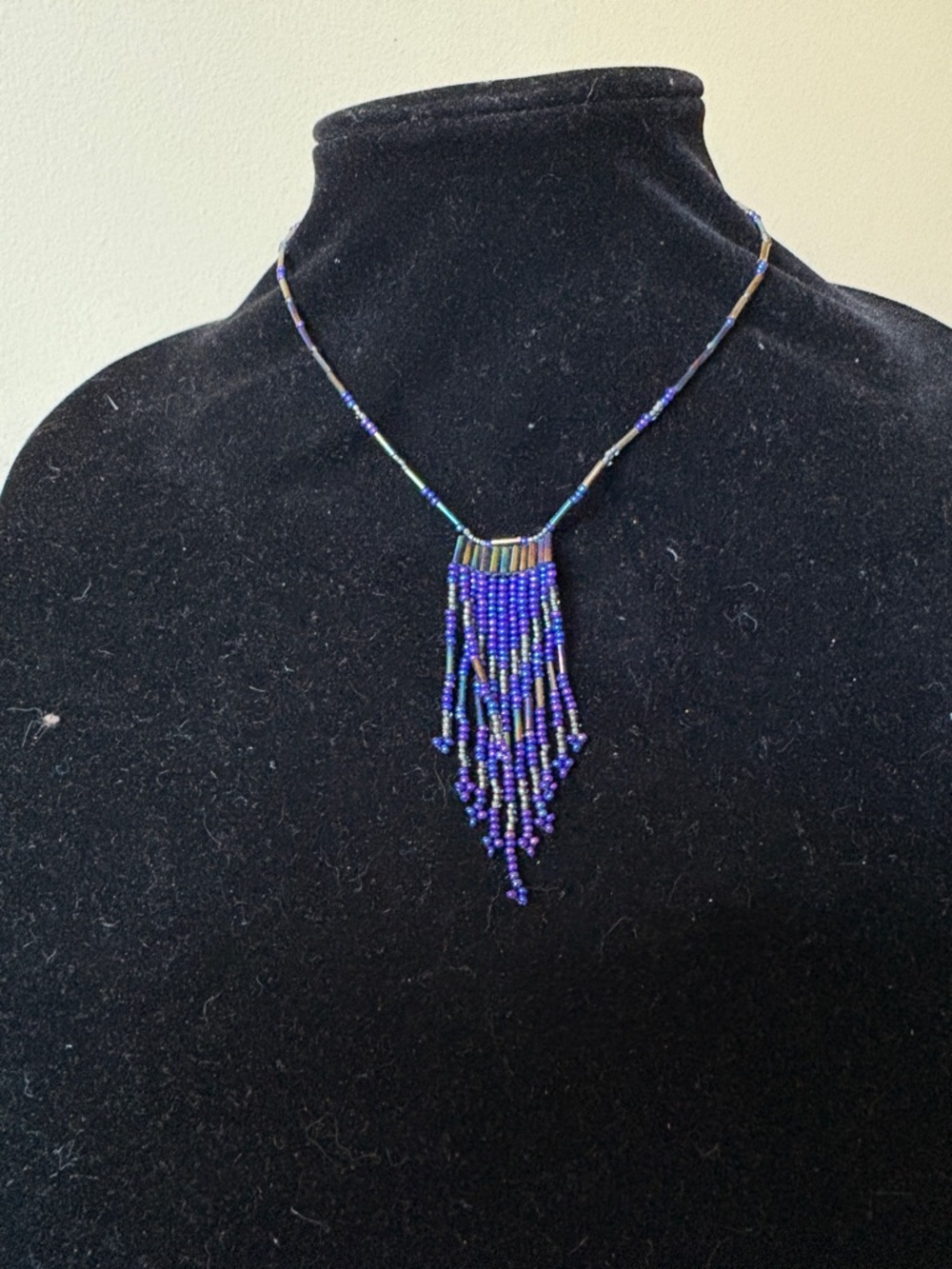 Handmade Blue Seed Bead Fringe Necklace